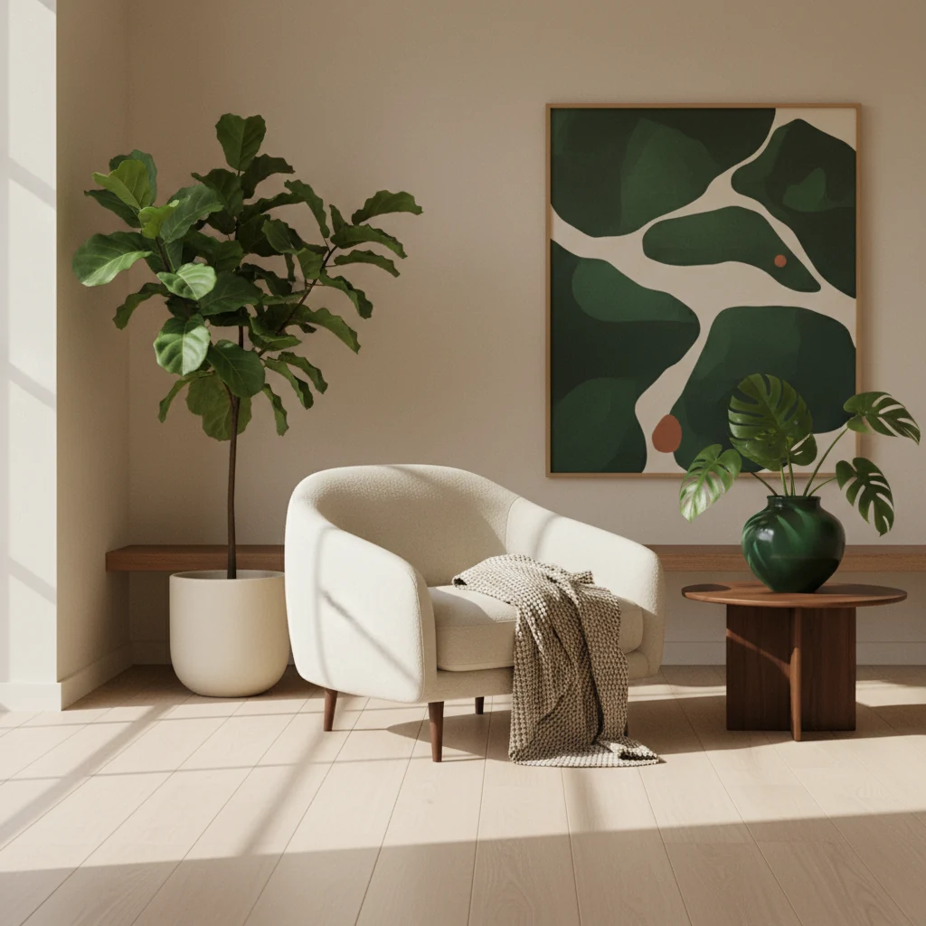 A clean, minimal desk workspace with a notebook, pen, and a small green plant on a pale surface