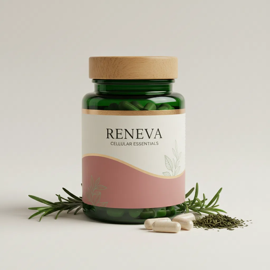 Reneva Cellular Essentials dark green glass supplement jar with silver lid